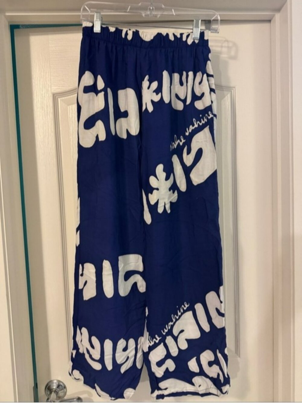 Navy and White Wide-Leg Printed Maxi Pants